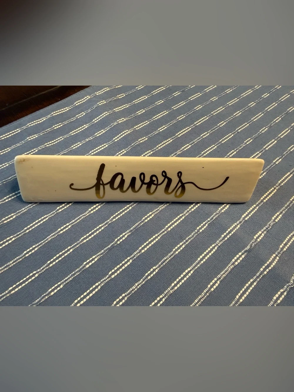 White Ceramic 'Favors' Table Sign with Gold Script Accent